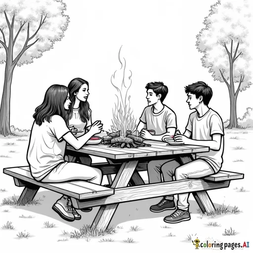 TEENS ENJOYING BURGERS AND FRENCH FIRES, AT A PICNIC TABLE NEAR A BBQ GRILL IN A PUBLIC PARK IN FALL