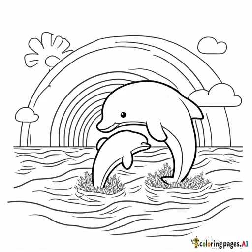 dolphin that is jumping out of the water, an there are rainbows and the sun behind the dolphin