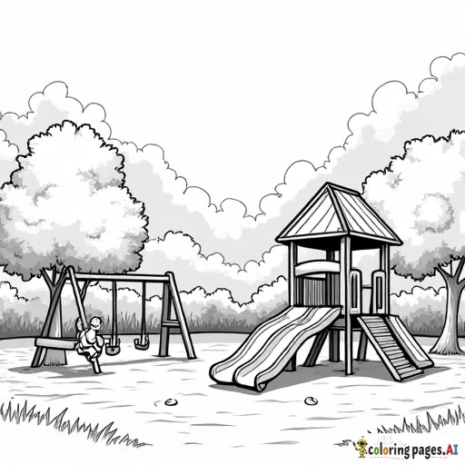 The illustration should be in [SUPER SIMPLE], black and white, bold line art with a clear, mostly empty background. [INCLUDES ONLY OUTLINES WITH NO FILLED IN BLACK AREAS], ensuring no shading, no complex images, and making it very easy to color in between the lines. Depict a park playground with swings, slides, and a few children playing.