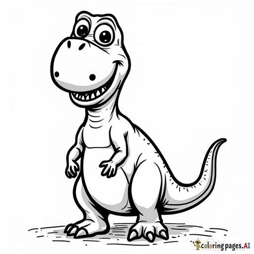 The illustration should be in [SUPER SIMPLE], black and white, bold line art with a clear, mostly empty background. [INCLUDES ONLY OUTLINES WITH NO FILLED IN BLACK AREAS], ensuring no shading, no complex images, and making it very easy to color in between the lines. A T-Rex with tiny arms and a big smile.