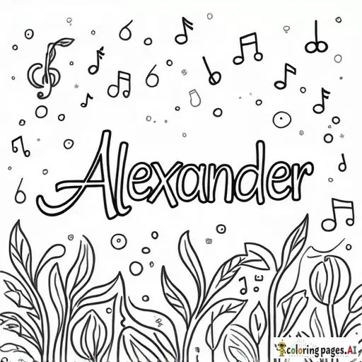 The name Alexander in a field of music notes and Aquarius astrology signs