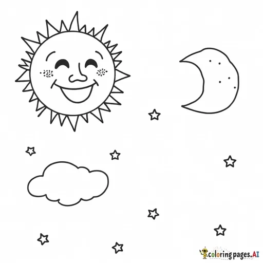 The sun smiling in a daytime sky and the moon with stars in the nighttime sky