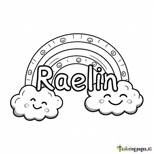 The word “Raelin” in clouds with a rainbow and smiley faces surrounding it