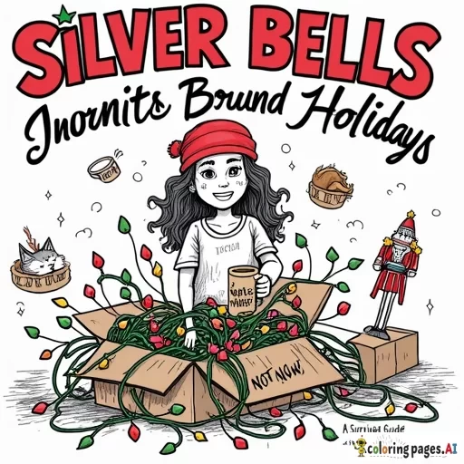 Thinking as a stressed-out mom of two screaming kids, create a chaotic holidays scene. The image has the title "Silver Bells, the Turkey Smells, a Migraine's on the Way". The central image is a tangled mess of Christmas lights with only a portion of them working. The lights are spilling out of a box. The woman is holding a mug that says "Save Me" or "Not Now". Surround the main image with subtle, festive images such as a very burnt turkey, a spilled cup of eggnog, a cat ripping open a present, and a broken nutcracker. Use bold, playful fonts for the title. Use bold, playful fonts for the subtitle called "A Survival Guide for the Holidays". The title and subtitle should stand out against a vibrant holiday-themed backdrop in warm, cozy colors like red, green, and gold. The vibe should feel fun, approachable, full of personality, and yet a bit chaotic, instantly conveying the book's lighthearted take on holiday survival.
