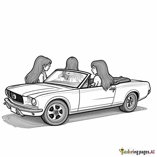 Three girls in convertible, at a 45 degree angle, black only, American, long hair on them all