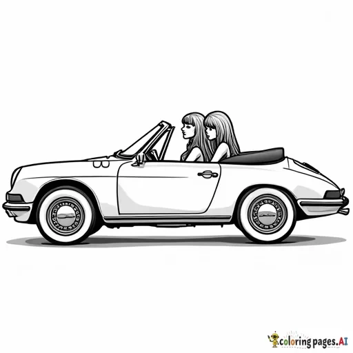 Three girls in convertible, at a 45 degree angle, black only, American, long hair on them all
