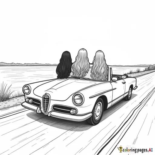 Three girls in convertible, at a 45 degree angle, black only, American, long hair on them all