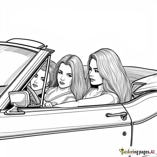 Three girls in convertible, at a 45 degree angle, black only, American, long hair on them all