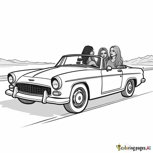 Three girls in convertible, at a 45 degree angle, black only, American, long hair on them all
