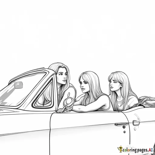 Three girls in convertible, at a 45 degree angle, black only, American, long hair on them all