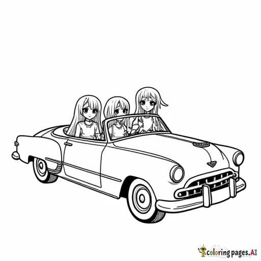 Three girls in convertible, at a 45 degree angle, simple, non-anime, long hair on them all