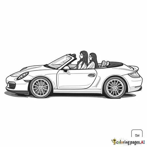 Three girls in convertible, at a 45 degree angle, simple, non-anime, long hair on them all