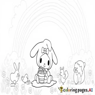 My Melody is having a peaceful day in a magical meadow, sitting on a soft blanket surrounded by blooming flowers and butterflies. She’s wearing her signature pink hood with a cute bow, smiling as she holds a basket full of freshly picked strawberries. Nearby, her animal friends—a bunny, a bird, and a squirrel—are playing together, enjoying the sunshine. In the background, there’s a big rainbow stretching across the sky and fluffy clouds floating by. The scene is calm and joyful, with simple, large shapes of flowers, animals, and My Melody, perfect for kids to color.