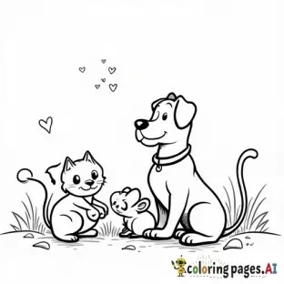 1. Black and white coloring page of a funny cat, mouse, and dog playing together, simple line art for kids.