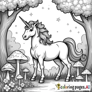 1. Unicorn in a Magical Forest “Black-and-white line art of a unicorn with a flowing mane standing in a magical forest with mushrooms, flowers, and glowing crystals. No shading, clean outlines, whimsical style.”