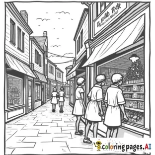 1950s Vintage Christmas town with toy store and stores and a group of teens looking in a shop window