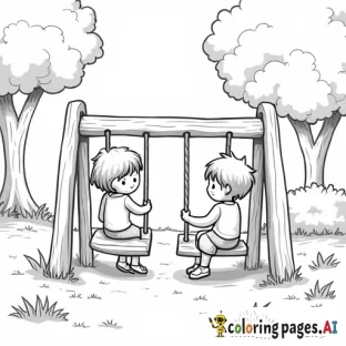 2 kids playing in the park,  one girl and one boy, put around slide, swing etc