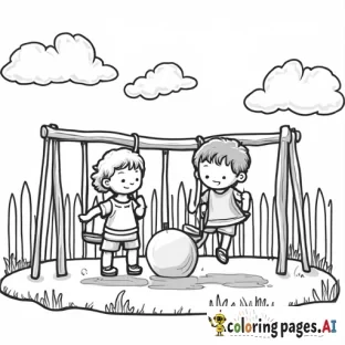 2 kids playing in the park,  one girl and one boy, put around slide, swing etc