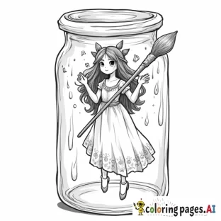 2D digital illustration :: A forest-elf floating in the air, she is holding a magical-paint brush. she is standing inside a glass jar ::high detail, perfect hands, perfect face ::  in the style of demizu posuka,