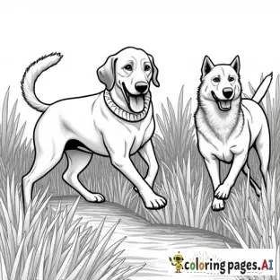 3 grown dogs frolicking, wrestling and even chasing tails in the meadow down by the river fishing with their owner. to be done in lineart B&W only as coloring pages but include intricate mandala patterns inside all the dogs and humans filling in their shapes
