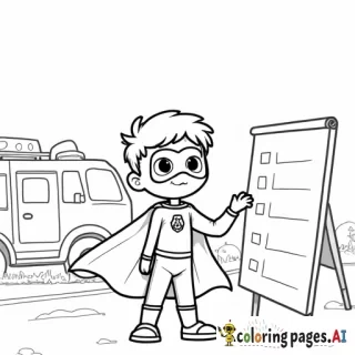 Superhero child in a cape checking off items on a check list with a large cartoon firetruck in the background