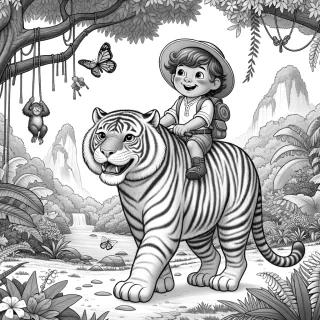 A brave 3-year-old boy with a big smile is riding on the back of a gentle, friendly tiger through a magical jungle. The tiger is soft and calm, with wide stripes and a fluffy tail. The boy is holding on to the tiger’s fur, wearing a fun explorer’s hat, and both of them are surrounded by tall trees, colorful flowers, and playful monkeys swinging from vines. The tiger’s expression is peaceful, and there are butterflies fluttering around. In the background, a waterfall flows gently, and a rainbow arches over the sky. The scene is playful and adventurous, with lots of large, simple shapes for coloring.