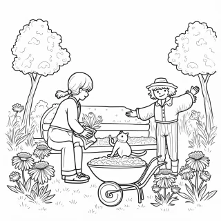 A beautiful garden filled with blooming chrysanthemums, marigolds, and asters. A gardener is planting bulbs for next spring, while a cat watches from a cozy spot on a garden bench. There’s a wheelbarrow filled with soil and a scarecrow standing proudly among the flowers. The trees around are ablaze with fall colors.