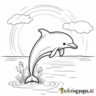 dolphin that is jumping out of the water, an there are rainbows and the sun behind the dolphin