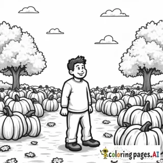 a man standing in a pumpkin patch with trees and fallen leaves