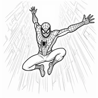 Spider-Man is leaping off a building, shooting webs from both hands, and performing a dramatic mid-air flip. The background shows tall skyscrapers and windows reflecting his iconic red and blue suit. Speed lines and motion effects emphasize his agility and the dynamic movement.