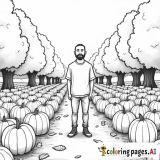 a man standing in a pumpkin patch with trees and fallen leaves
