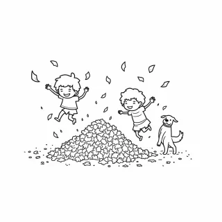 Two children are jumping into a big pile of leaves, with leaves flying everywhere around them. One child is mid-air, ready to land in the pile, while the other is buried in the leaves, laughing. In the background, a dog is wagging its tail, ready to join the fun, and there are more piles of leaves waiting to be jumped in.