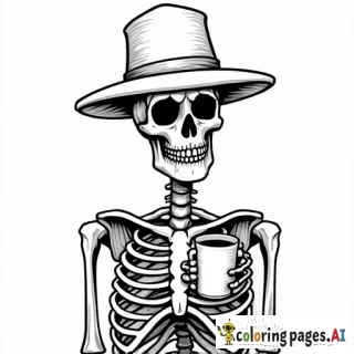 Skeleton wearing a fedora holding a cup