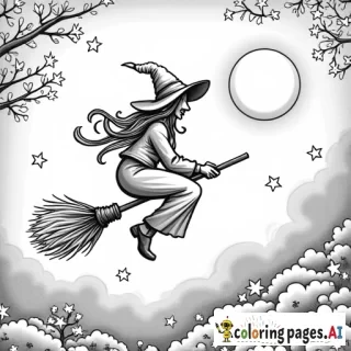 adult coloring page, grayscale, create an intricate image of a witch flying on a broomstick in front of a full moon in an autumn sky