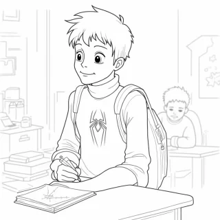 Peter Parker, dressed casually with his Spider-Man suit peeking out from under his shirt, is sitting at his school desk, doodling a web on his notebook. His backpack is open, revealing his Spider-Man mask inside. The classroom is decorated with posters and books, and a few classmates can be seen in the background, creating a light-hearted scene.