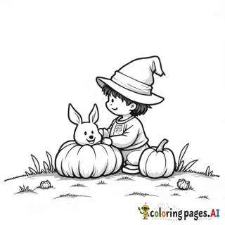 child in pumpkin patch with dog