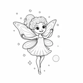 Almila, a 5-year-old girl with beautiful curly hair, is transformed into a magical winged fairy. She’s wearing a sparkling dress with delicate, butterfly-like wings that shimmer in the light. Almila’s curly hair flows around her face, and she has a joyful smile as she hovers above a meadow filled with colorful flowers. Tiny sparkles and fairy dust trail behind her as she waves a tiny wand. In the background, there’s a glowing moon, and a few fireflies are dancing around, creating a dreamy, enchanted forest scene. The overall atmosphere is magical and full of wonder, with large, gentle shapes perfect for coloring.