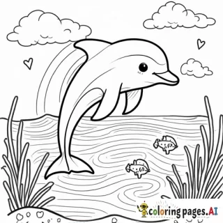 dolphin that is jumping out of the water, and there are fish and coral and hearts and there are rainbows and the sun behind the dolphin