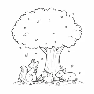 A group of woodland animals—like a fox, squirrel, and deer—are gathered under a large oak tree with its leaves turning red and orange. The squirrel is holding an acorn, the fox is curled up on a pile of leaves, and the deer is munching on some grass. The scene is filled with colorful leaves falling all around.