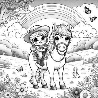 A gentle, friendly horse stands in a peaceful meadow with a 5-year-old girl sitting happily on its back. The girl, with big smiling eyes and pigtails, is wearing a wide-brimmed hat and holding the horse’s reins. The horse is calm, with a flowing mane, and both look joyful as they enjoy their ride. In the background, there are large, fluffy clouds, a bright rainbow, and butterflies fluttering around them. There’s also a cute bunny sitting near a patch of colorful flowers, watching the pair. The scene is simple, warm, and full of fun details for coloring.