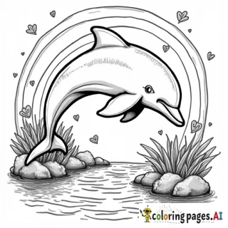 dolphin that is jumping out of the water, and there are fish and coral and hearts and there are rainbows and the sun behind the dolphin