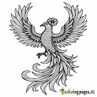 adult coloring page, 8k, line art black and white, paisley design with phoenix and flowers