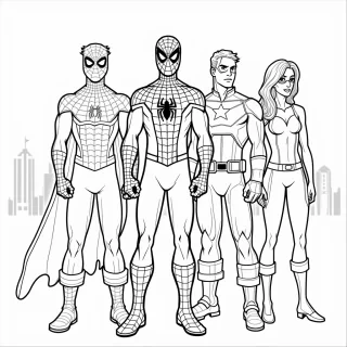 Spider-Man is standing alongside his superhero friends, like Iron Man, Captain America, and Black Widow. They’re all in heroic poses, ready to take on any challenge together. The background features a vibrant cityscape with Avengers Tower in the distance, symbolizing their unity and strength.