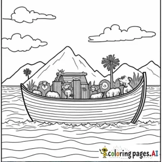 GENESIS with animals on an Ark on the ocean with mountains in the background