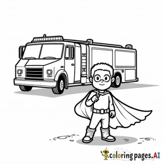 Superhero child in a cape checking off items on a check list on a pad he's holding with a large firetruck in the background