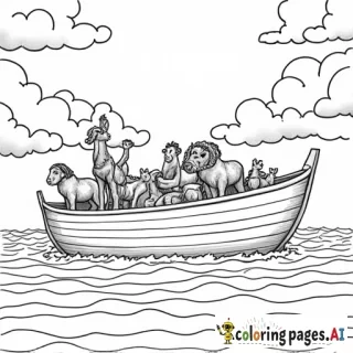 "GENESIS" with animals on an Ark on the ocean with mountains in the background