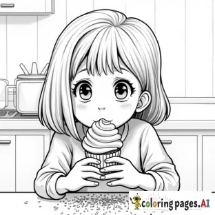 A 14-year-old-girl eating a cupcake with sprinkles in the kitchen