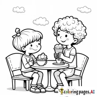 A 4-year-old boy and a 6-year-old curly-haired girl are sitting with their father at a tea garden (café) that has a children's playground. They are happily eating ice cream together. Draw this scene as a coloring page.