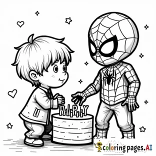 a 5 year old boy and spiderman celebrating a birthday