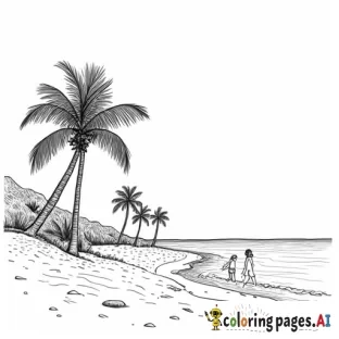 a beach scene with palm trees and people walking on the beach